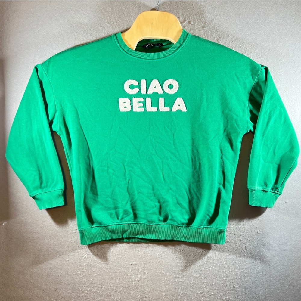 1073 | F&F Ciao Bella Graphic Pullover Casual Preppy‎ Sweatshirt Green Womens 6